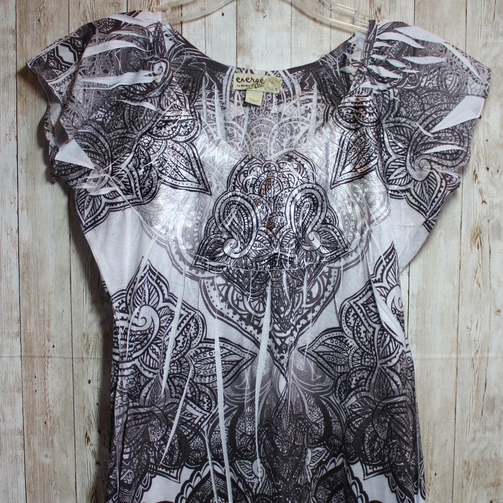 Energe Black White Print Short Sleeve V-Neck Top S